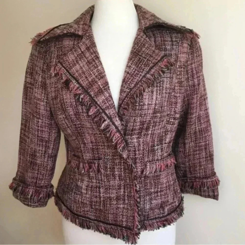 New York & Company Women’s Black Pink Gray Tweed 3/4 Sleeve Fringe Blazer